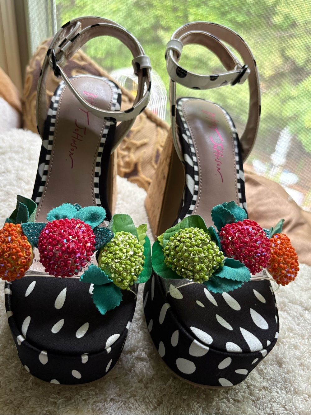 Polka Dot Platform Sandals with Floral Accent - Black - Picture 2 of 4